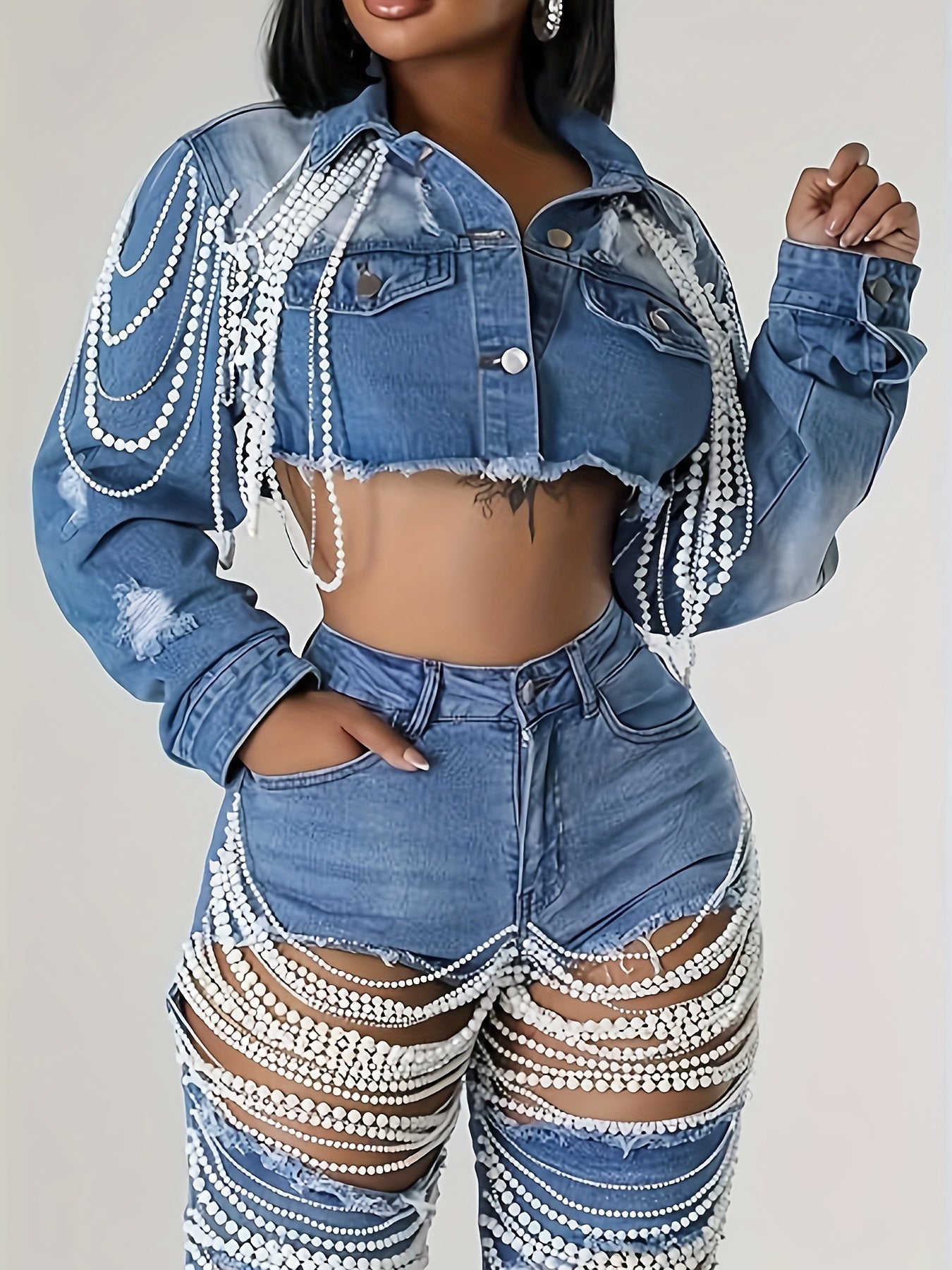 Faux Denim Jacket for Women Cropped Pearls Blue Jean Jackets Trendy Short Coat Clubwear